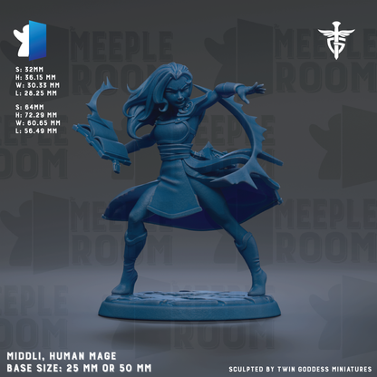 The image is a detailed model of a female character, likely a human Mage, with a blue color scheme. The character is depicted in a dynamic pose, holding a sword and a shield, and is standing on a base that is either 25mm or 50mm in size. The image is a sculpture, and it is described as being sculpted by Twin Goddess Miniatures.