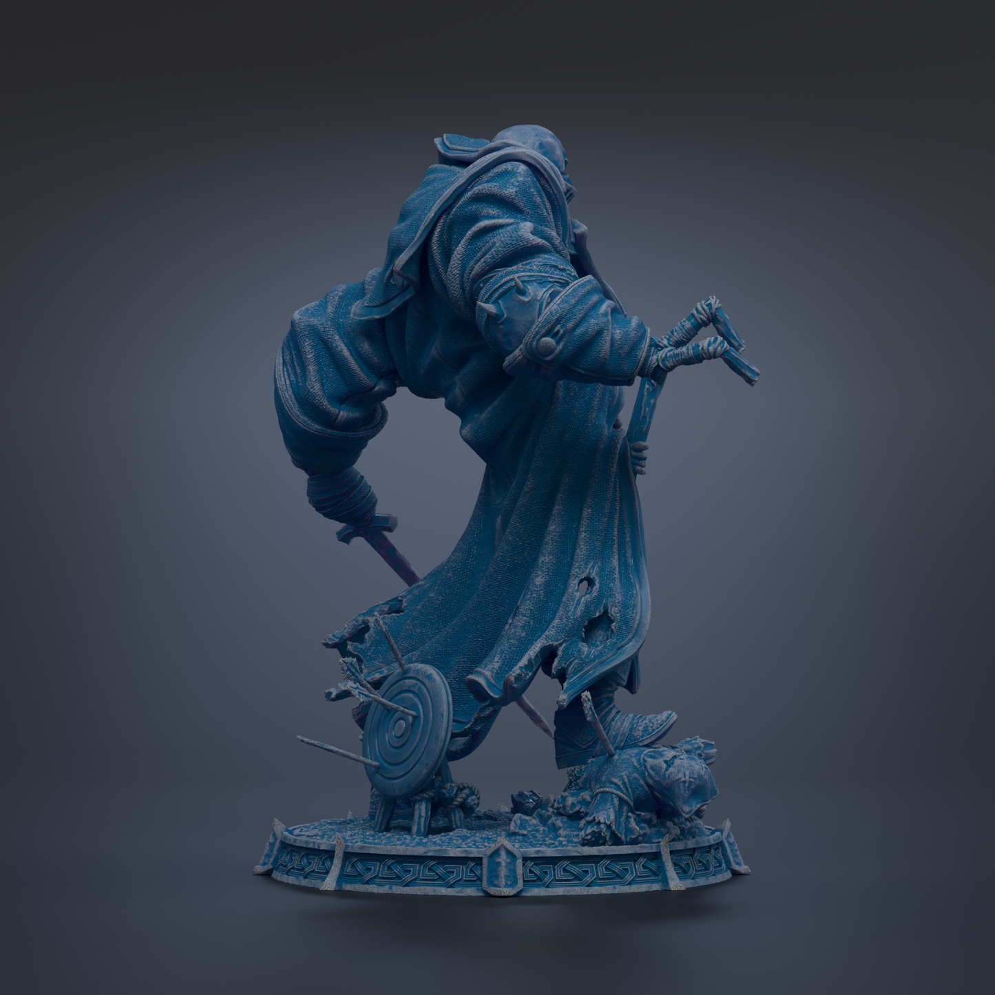 A dark blue, 3D-rendered statue of a figure wielding a sword and shield, standing on a base with a shield and spear.
