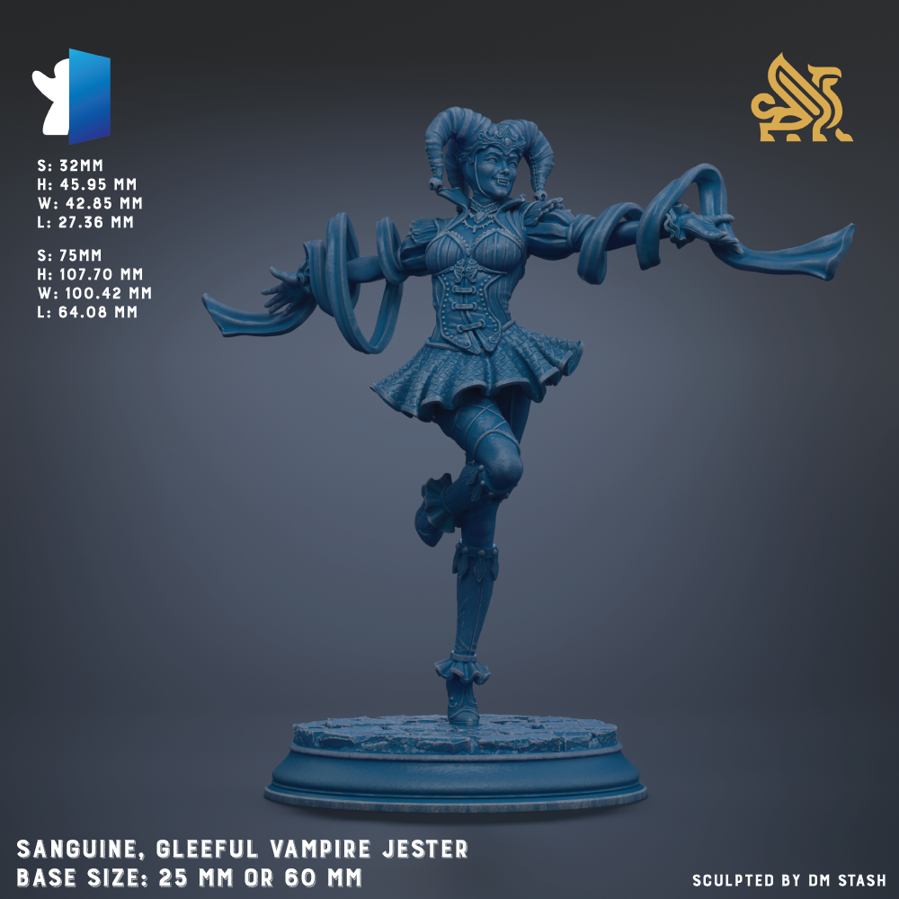 A blue figurine of a female character with horns and a flowing skirt, depicted in a dynamic pose. The figurine appears to be a character from a fantasy or mythology setting, possibly a vampire or jester. The image is described as a "base size: 25mm or 60mm" and is labeled as "Sangine, gleeful vampire jester".