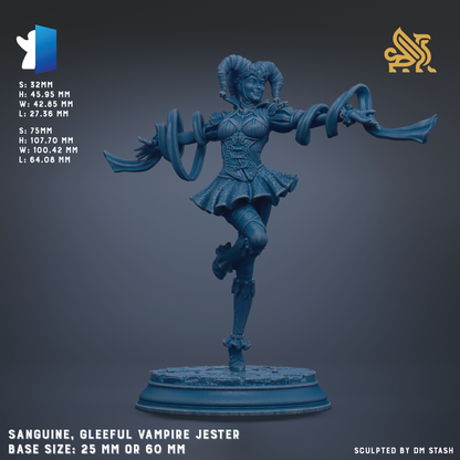 A blue figurine of a female character with horns and a flowing skirt, depicted in a dynamic pose. The figurine appears to be a character from a fantasy or mythology setting, possibly a vampire or jester. The image is described as a "base size: 25mm or 60mm" and is labeled as "Sangine, gleeful vampire jester".