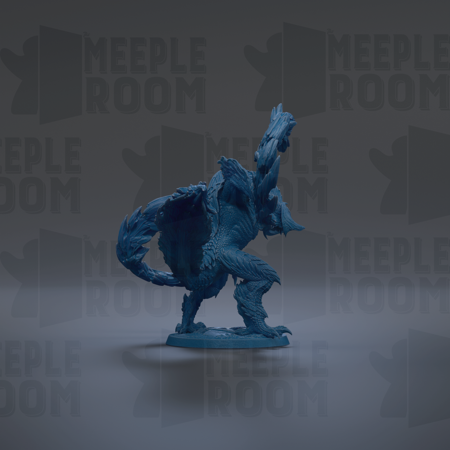 A blue figurine of a creature with a long tail and sharp claws is displayed against a dark background with repeated text.