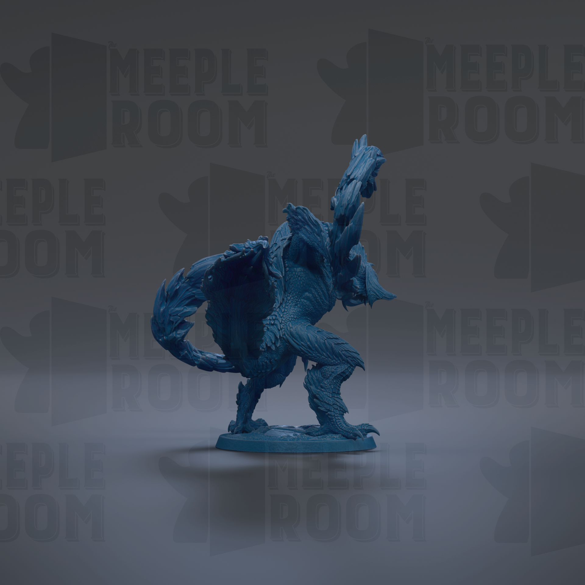 A blue figurine of a creature with a long tail and sharp claws is displayed against a dark background with repeated text.