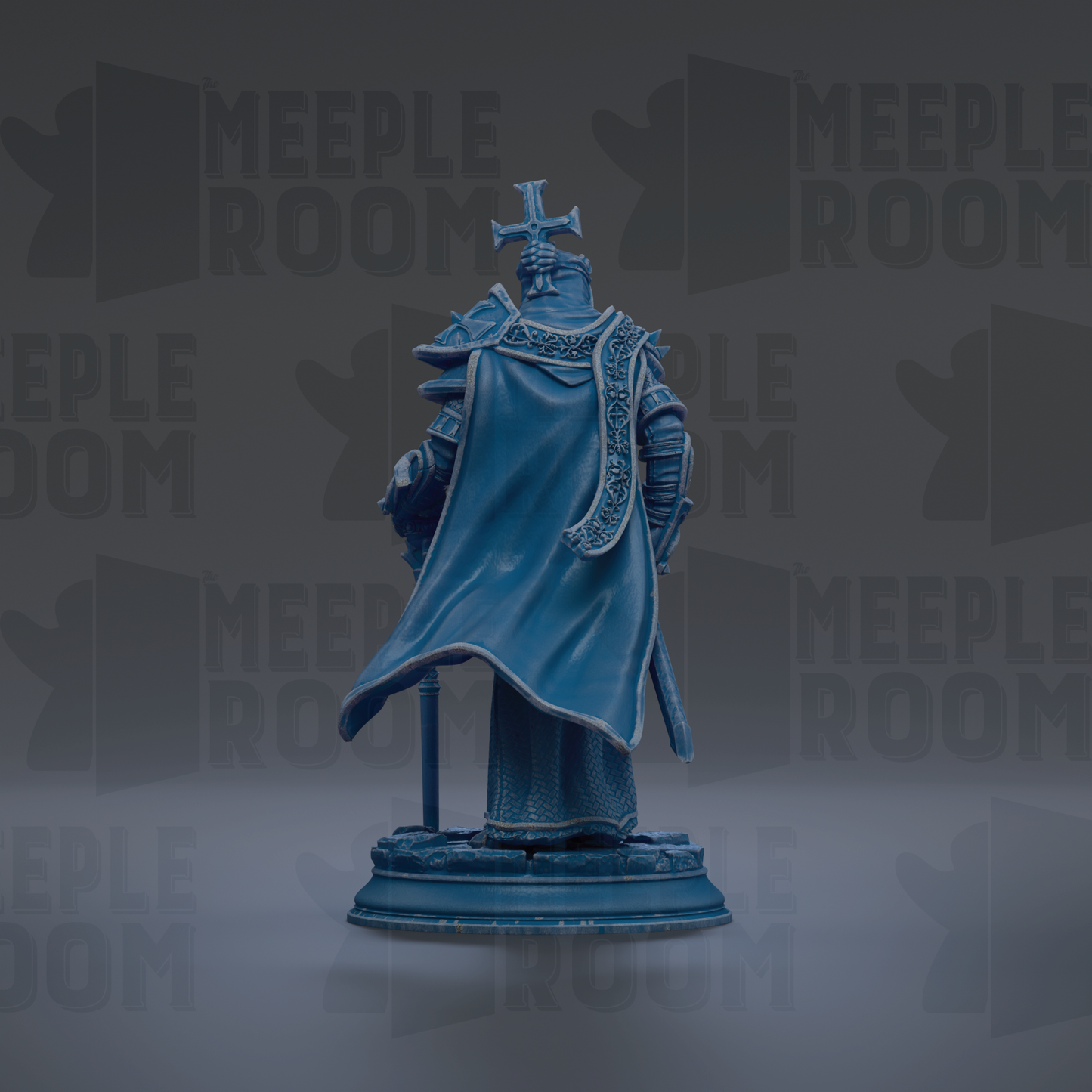 A blue statue of a knight standing on a pedestal against a dark background.