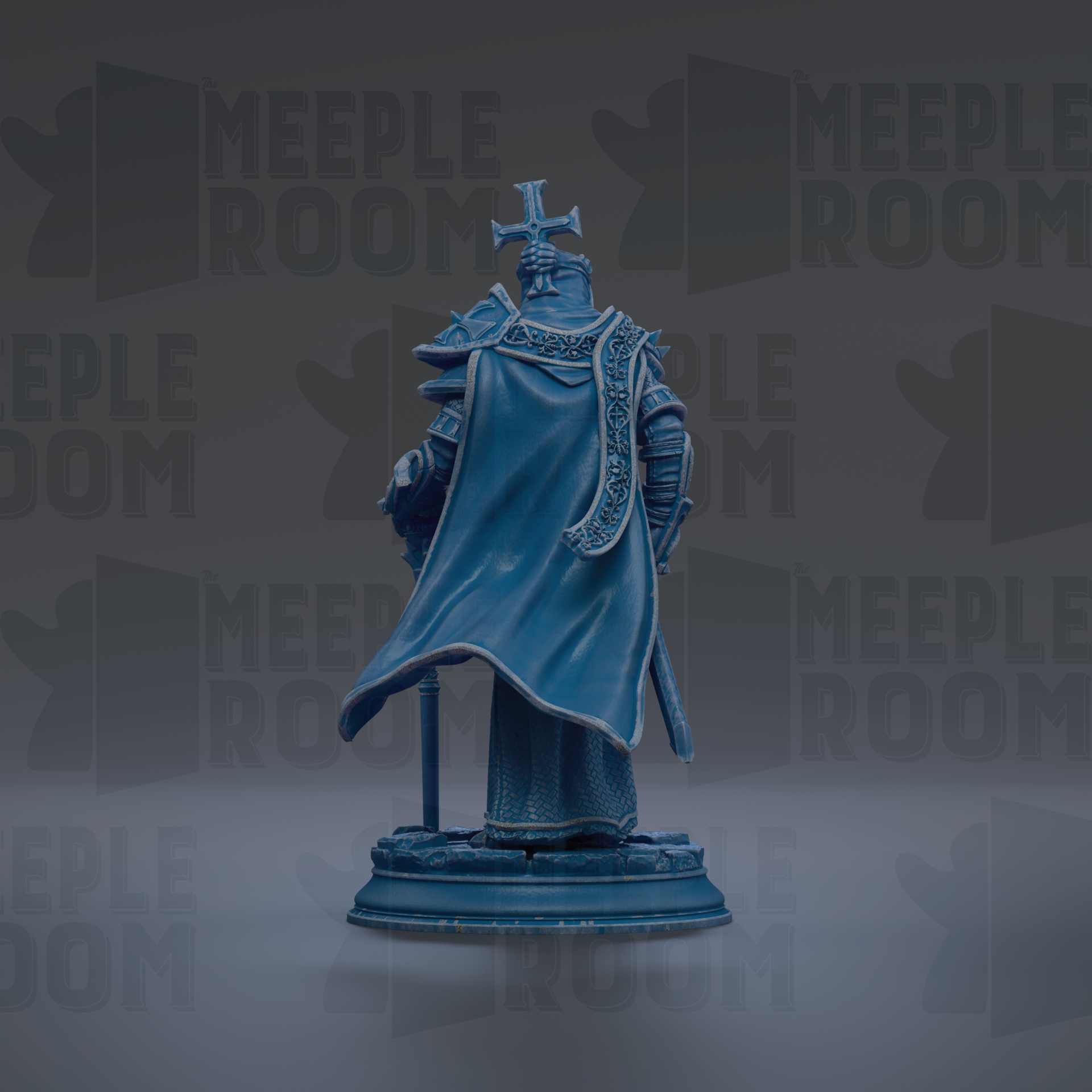 A blue statue of a knight standing on a pedestal against a dark background.