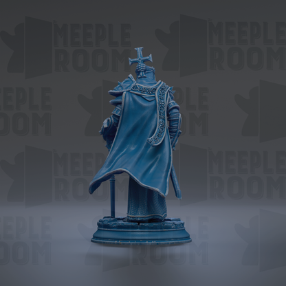 A blue statue of a knight standing on a pedestal against a dark background.