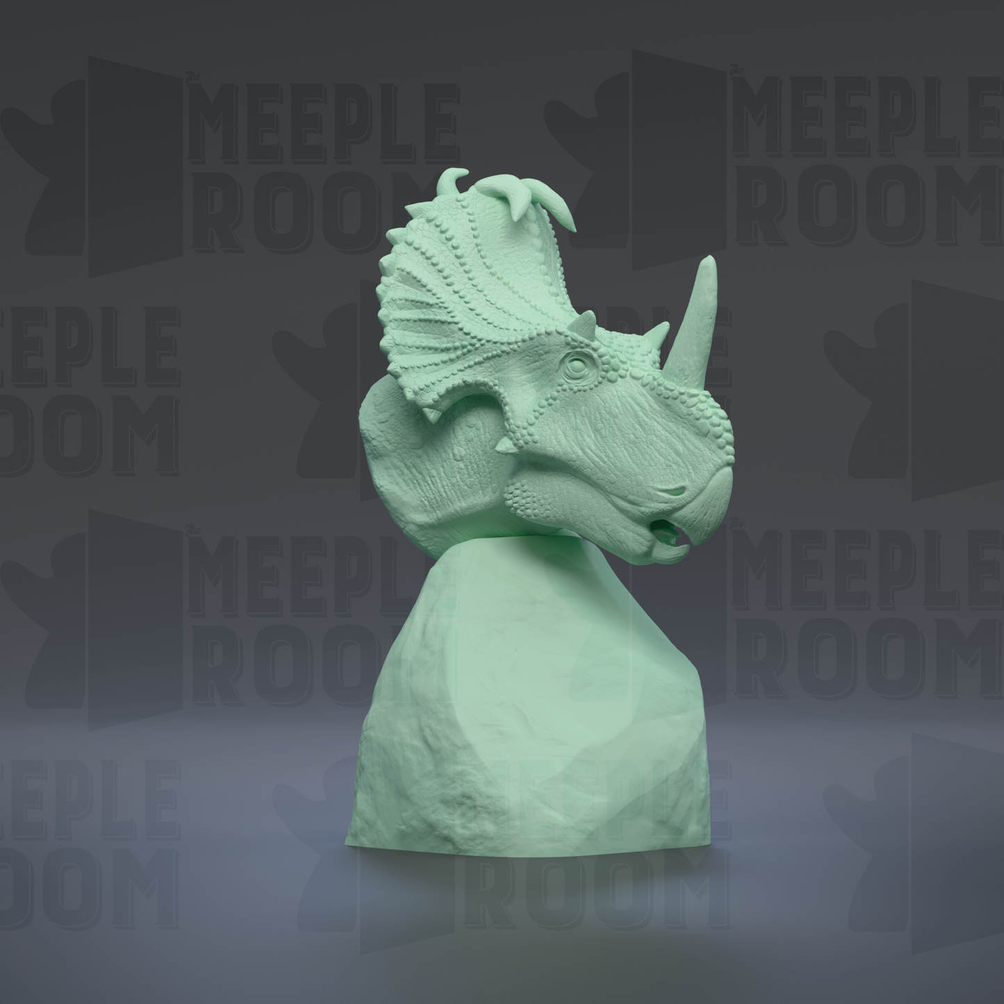 A green, sculpted dinosaur head is displayed against a dark background with repeated text.