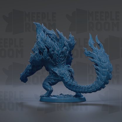 A blue, fantastical creature resembling a dragon or serpent, with intricate details and flowing, flame-like patterns on its body.