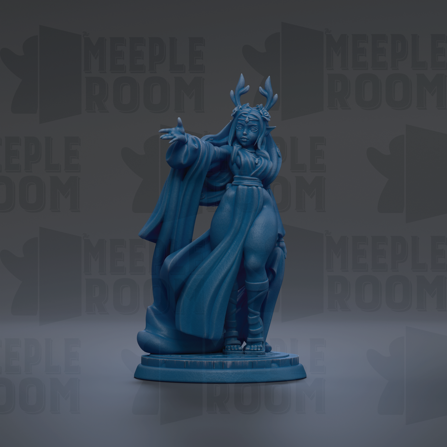 A blue figurine of a woman with a flowing robe and headdress stands on a pedestal against a dark background with repeated text.