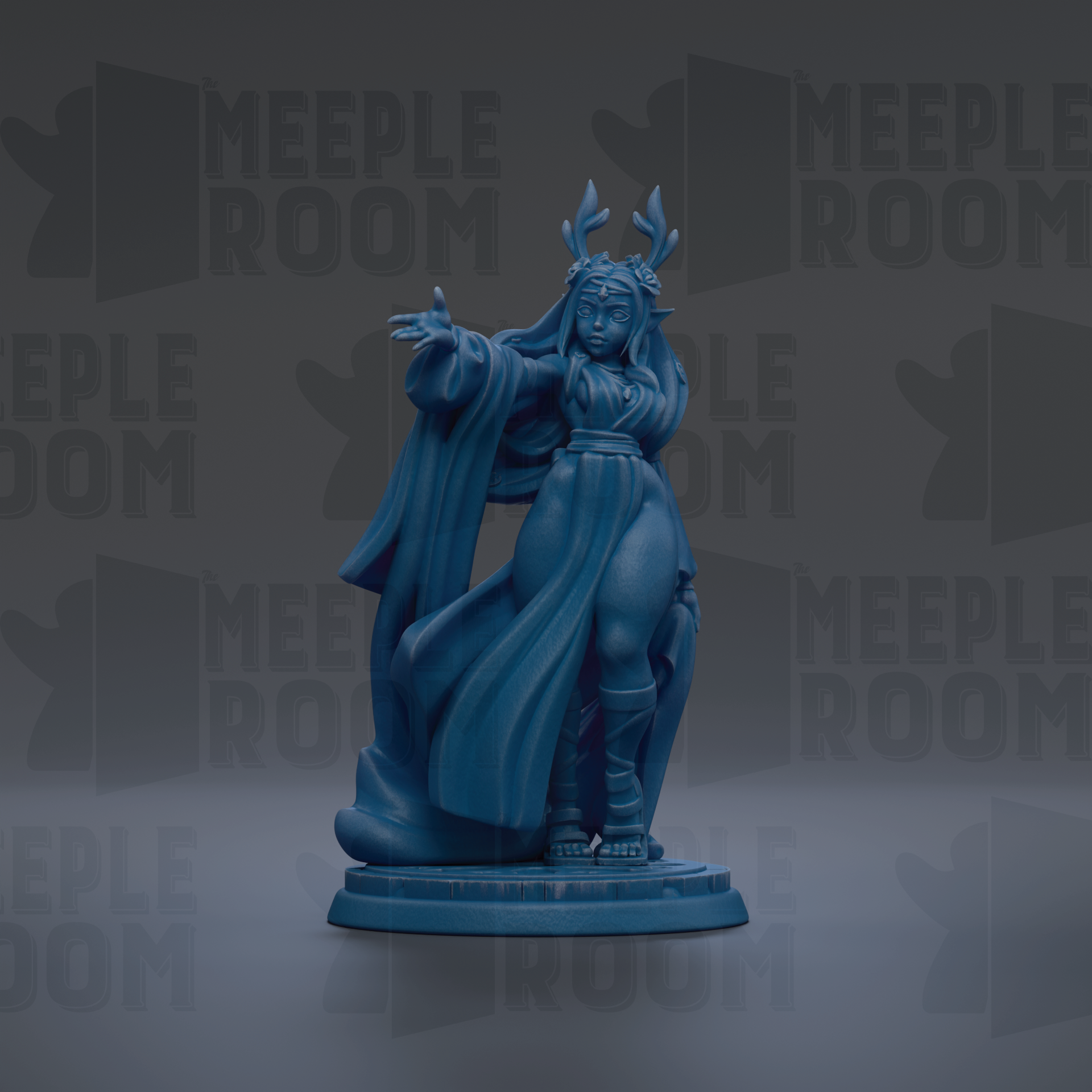 A blue figurine of a woman with a flowing robe and headdress stands on a pedestal against a dark background with repeated text.