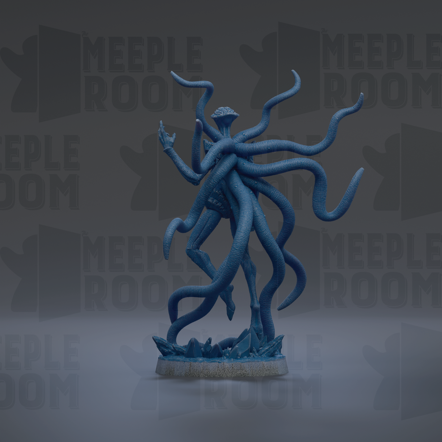 A 3D rendering of a blue, tentacled creature with a large head, standing on a base and surrounded by a dark background with repeated text.