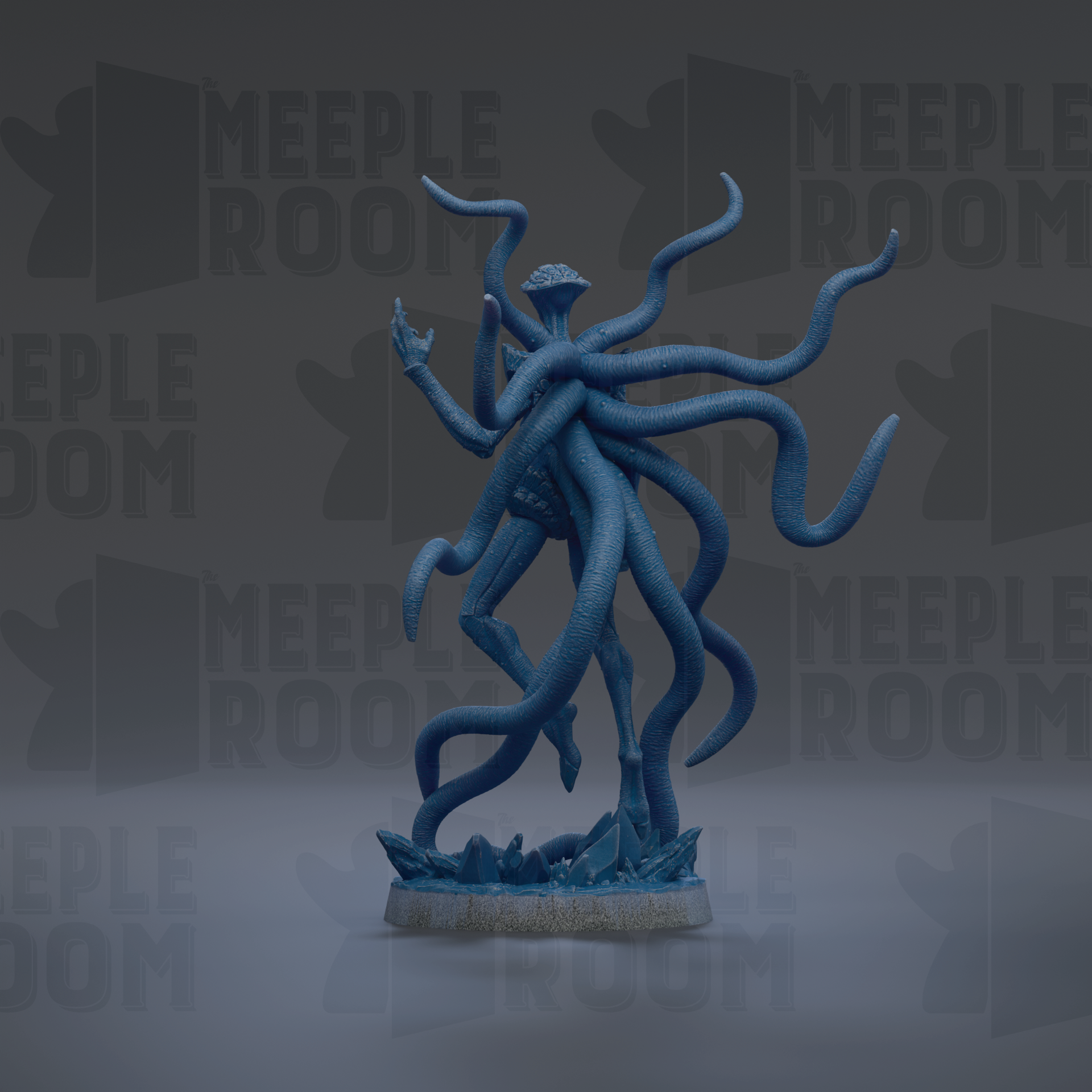 A 3D rendering of a blue, tentacled creature with a large head, standing on a base and surrounded by a dark background with repeated text.