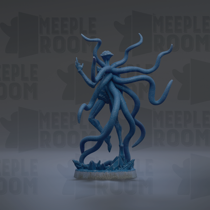 A 3D rendering of a blue, tentacled creature with a large head, standing on a base and surrounded by a dark background with repeated text.