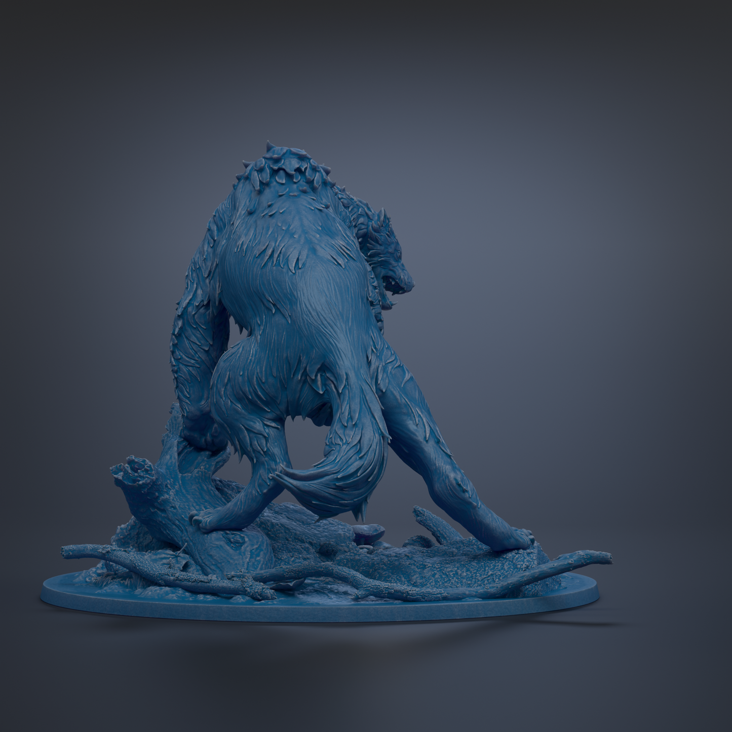A dark blue, sculpted wolf-like creature with a fierce expression stands on a rock formation against a dark background.
