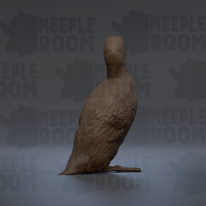 A 3D rendering of a bird, possibly a duck, sitting on its hind legs against a dark background with repeated text.