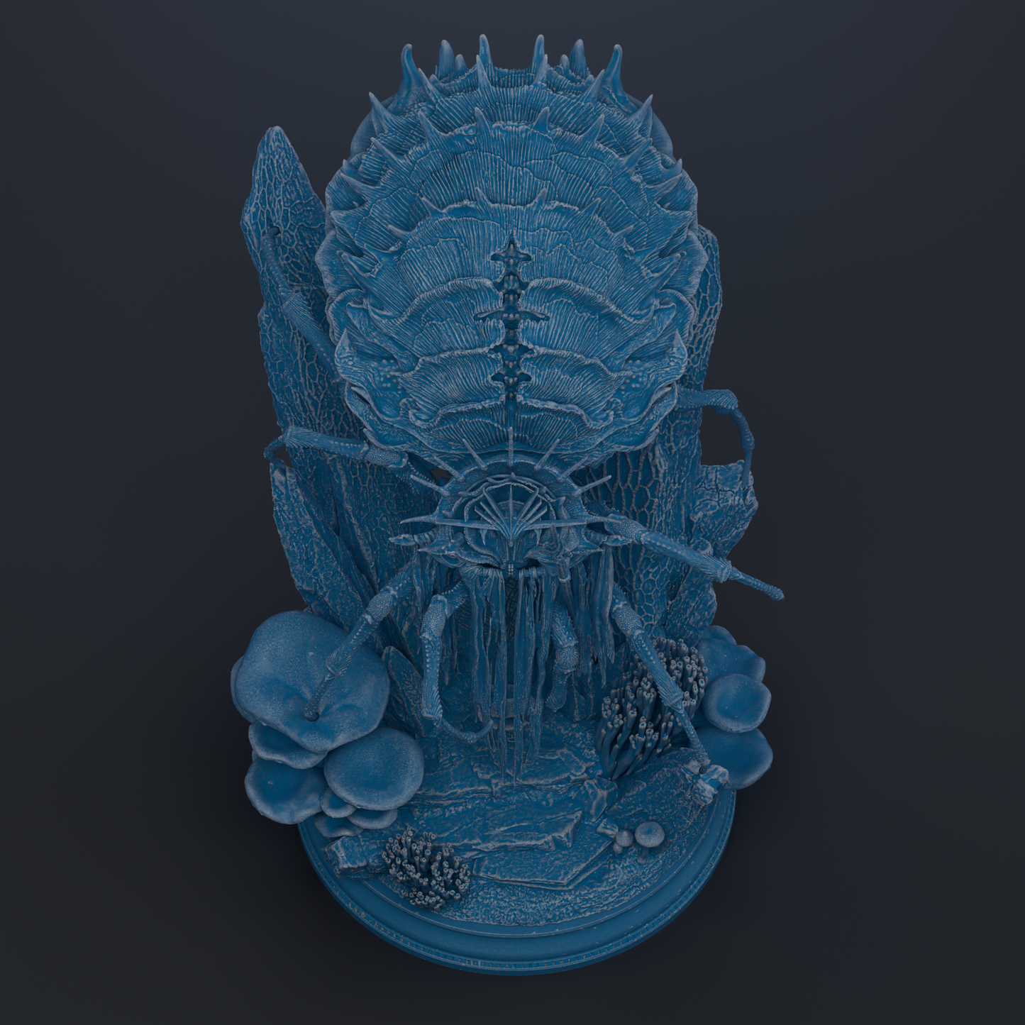 The image is a 3D rendering of a blue, intricate sculpture or model, featuring a complex and detailed design with various elements such as plants, mushrooms, and other organic shapes.