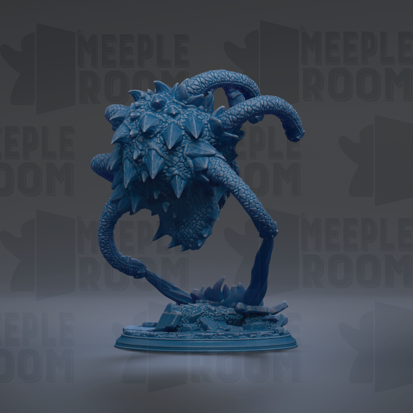 A 3D rendering of a blue, spiky creature with a long, curved tail, standing on a base.