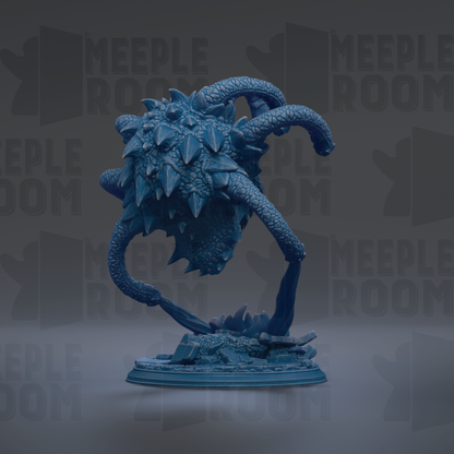 A 3D rendering of a blue, spiky creature with a long, curved tail, standing on a base.