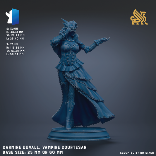 The image is a statue of a woman dressed in a long, flowing blue dress with a high collar and a large headdress. The statue is placed on a pedestal and is described as a base size of 25mm or 60mm. The image is a sculpture of a woman, and it is not a collage of multiple images. The statue is created by the artist Carmine Duvall, and it is titled "Vampire Courtesan".