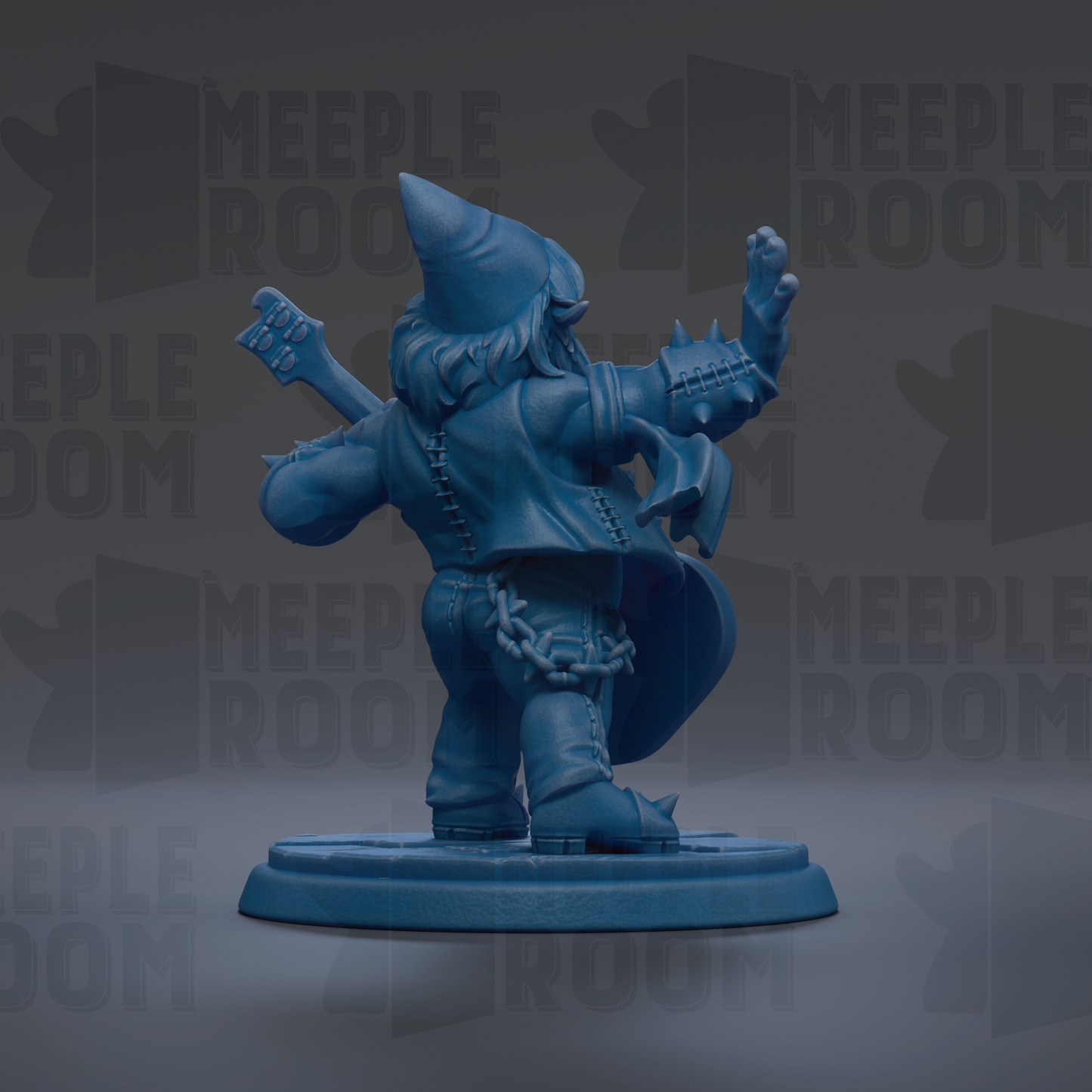 A blue figurine of a character with a guitar, standing on a base and holding a shield.