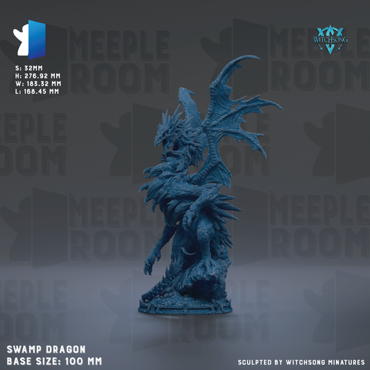 a large, detailed blue dragon figurine with wings spread wide, standing on a base. The dragon appears to be a swamp dragon, as indicated by the text "SWAMP DRAGON" and "BASE SIZE: 100 MM". The background of the image is a dark gray color, with the repeated text "MEUPLE ROOM" visible in the background.