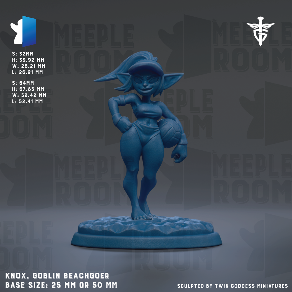 a figurine of a female character, specifically a Goblin Beachgoer, with a blue color scheme. The figurine is standing on a base that is either 25mm or 50mm in size. The background of the image is a dark gray color, and there are repeated instances of the word "MEEPLE" in the background. The figurine is described as being sculpted by Twin Goddess miniatures.