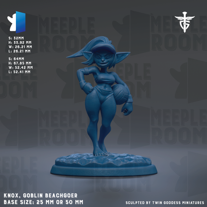 a figurine of a female character, specifically a Goblin Beachgoer, with a blue color scheme. The figurine is standing on a base that is either 25mm or 50mm in size. The background of the image is a dark gray color, and there are repeated instances of the word "MEEPLE" in the background. The figurine is described as being sculpted by Twin Goddess miniatures.