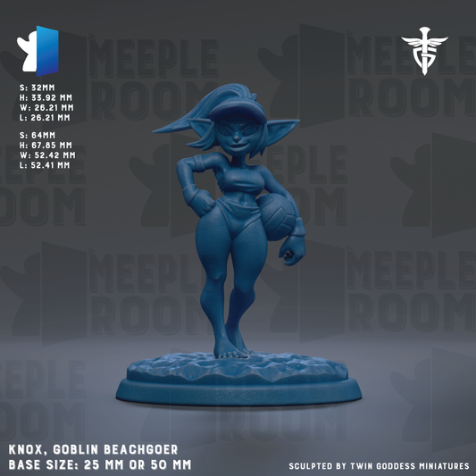 a figurine of a female character, specifically a Goblin Beachgoer, with a blue color scheme. The figurine is standing on a base that is either 25mm or 50mm in size. The background of the image is a dark gray color, and there are repeated instances of the word "MEEPLE" in the background. The figurine is described as being sculpted by Twin Goddess miniatures.