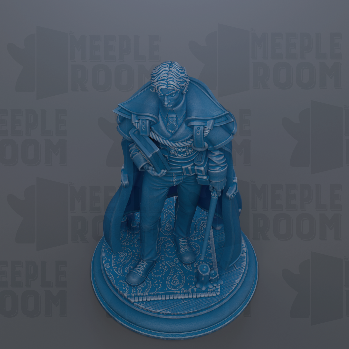 A 3D rendering of a statue of a man in a cape, standing on a circular base.