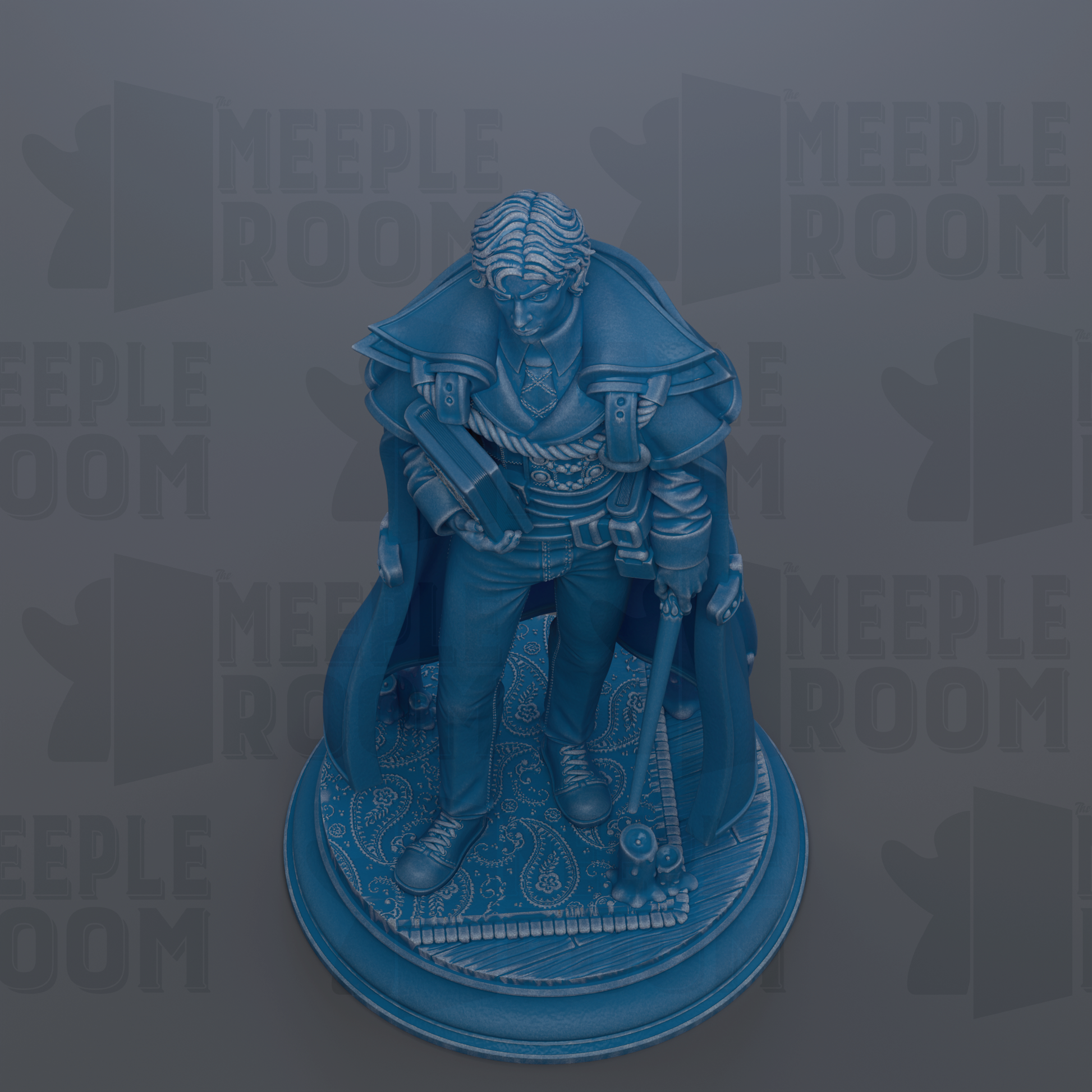 A 3D rendering of a statue of a man in a cape, standing on a circular base.