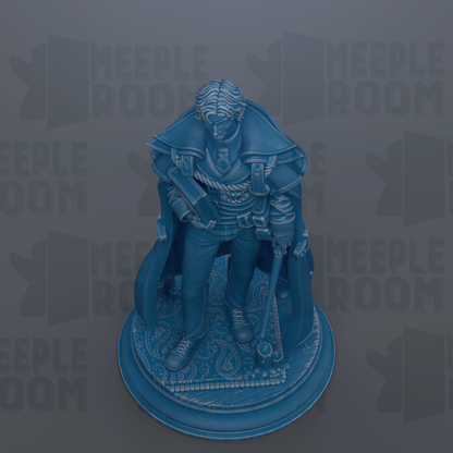 A 3D rendering of a statue of a man in a cape, standing on a circular base.