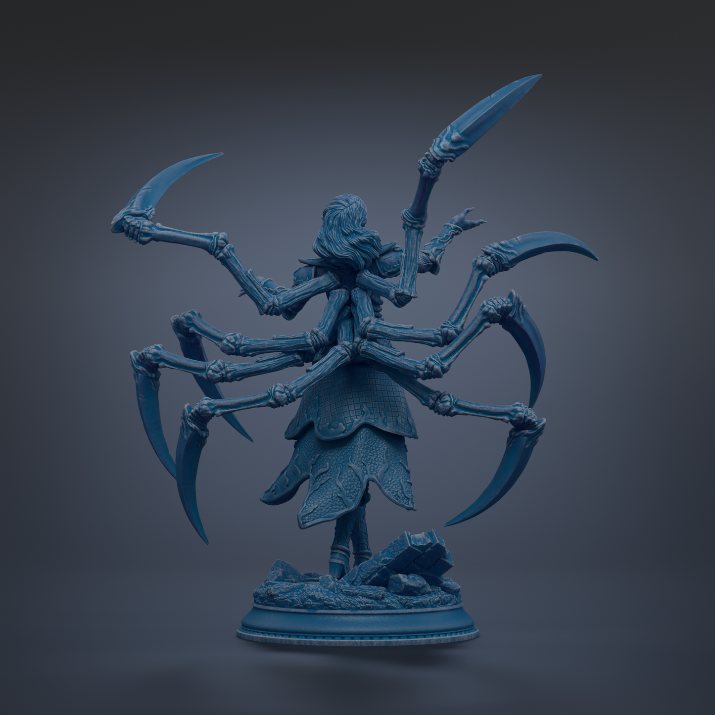 A 3D rendering of a fantastical creature with multiple arms and legs, standing on a base and holding various weapons.