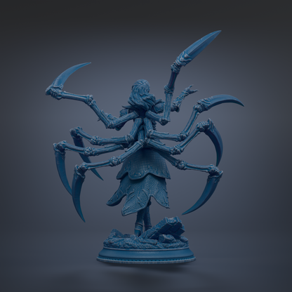 A 3D rendering of a fantastical creature with multiple arms and legs, standing on a base and holding various weapons.