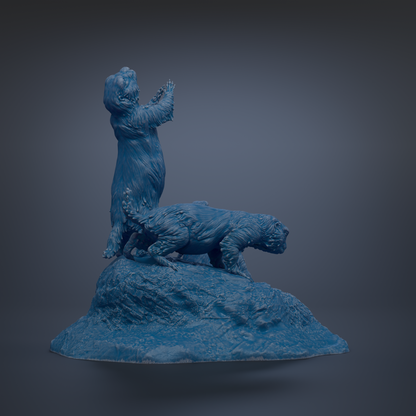A blue 3D model of a cat-like creature standing on a rock, with another cat-like creature crouching or walking nearby.