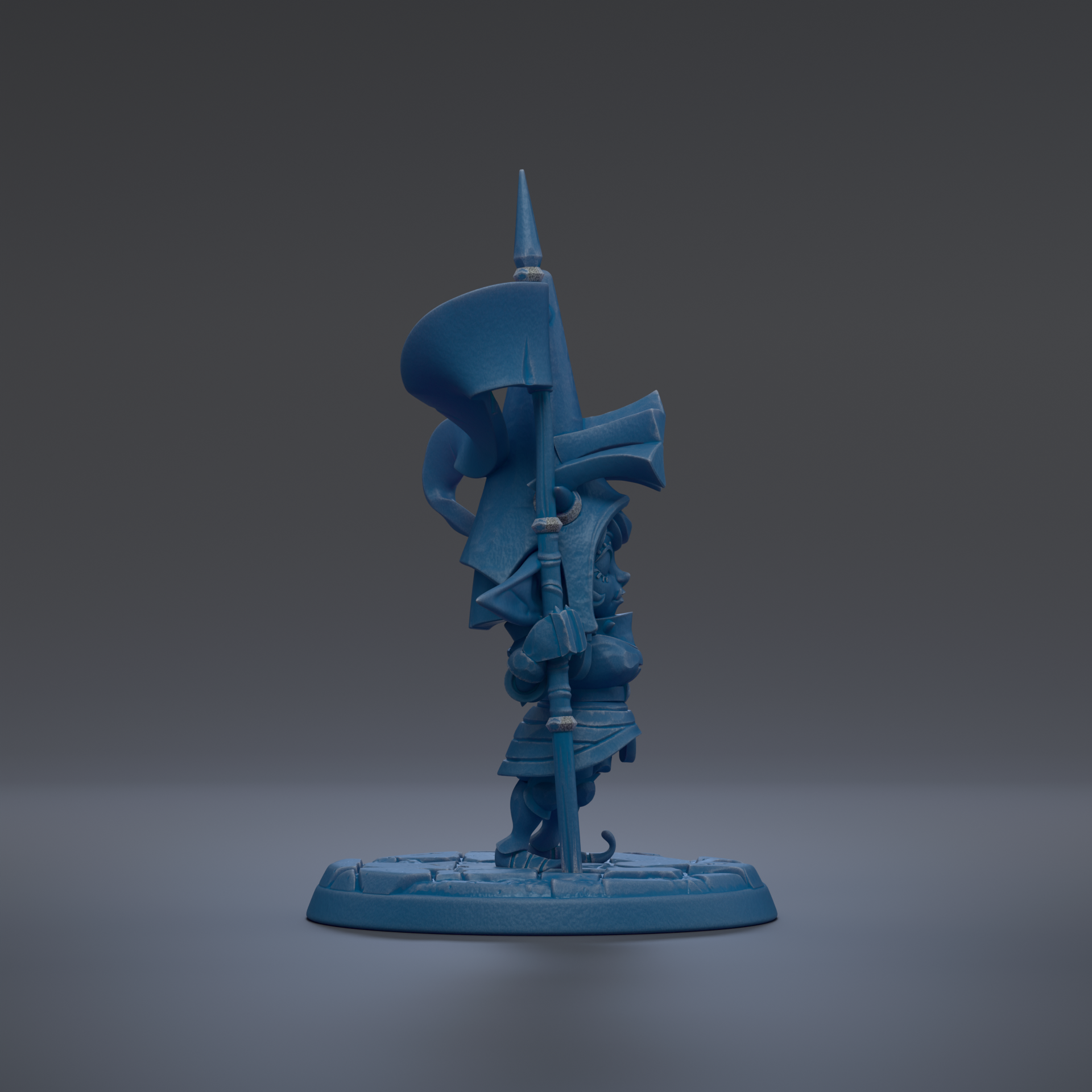 A blue, abstract sculpture with a pointed top and a curved, flowing body stands on a base against a dark background.