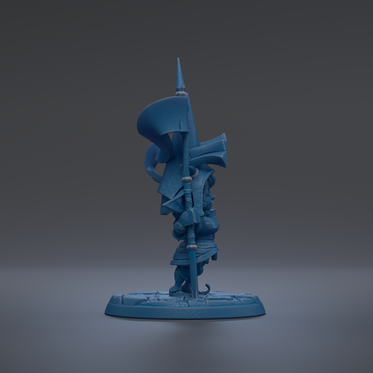 A blue, abstract sculpture with a pointed top and a curved, flowing body stands on a base against a dark background.