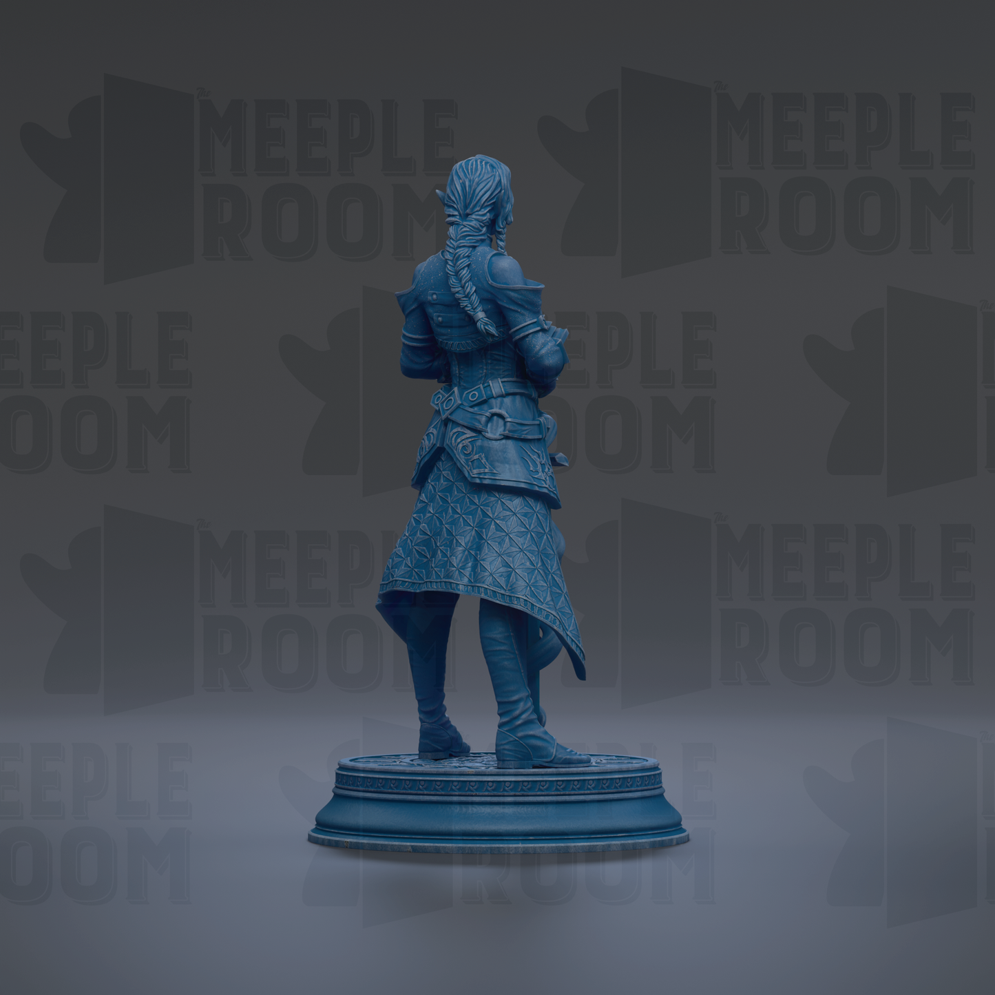A blue statue of a person standing on a pedestal against a dark background with repeated text.