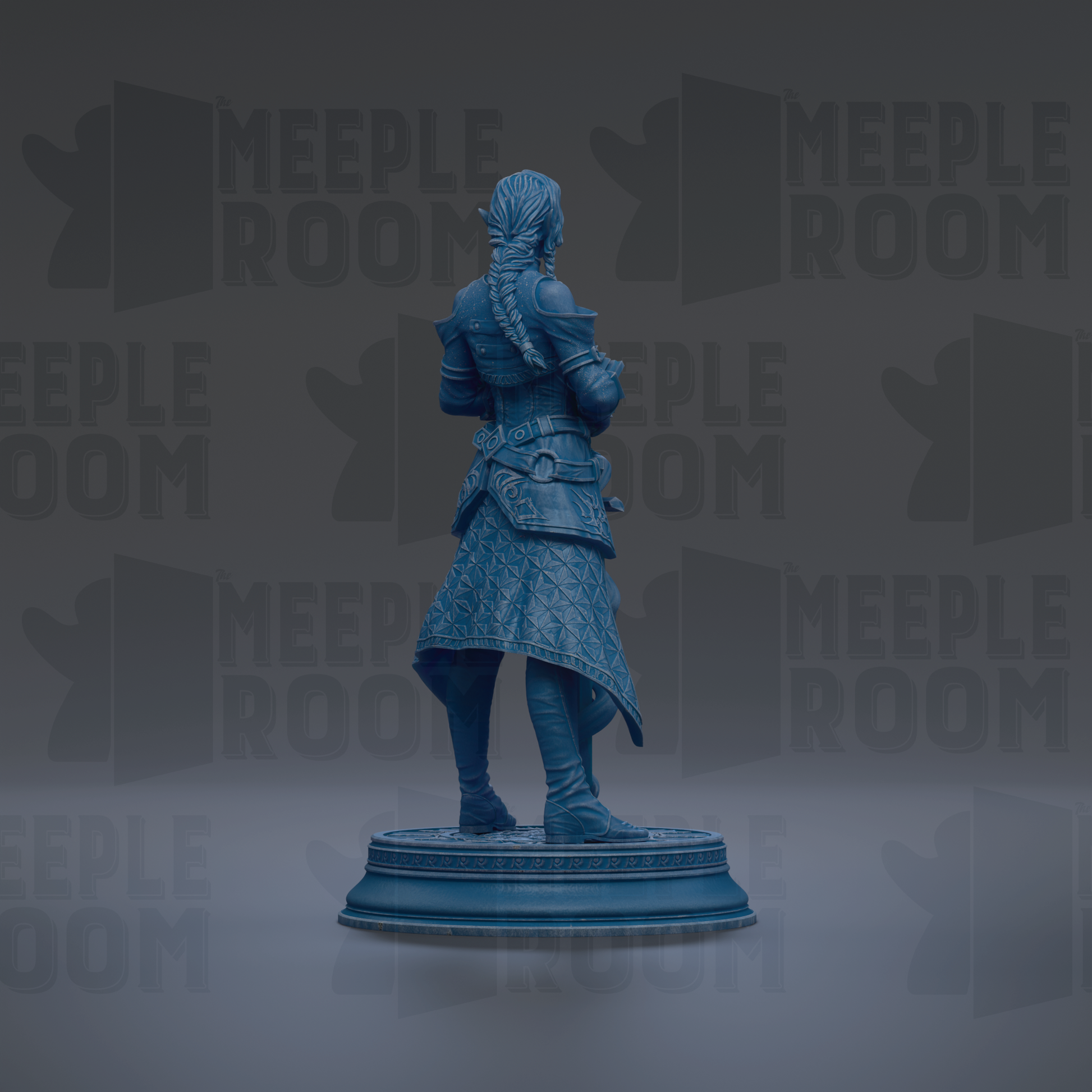 A blue statue of a person standing on a pedestal against a dark background with repeated text.
