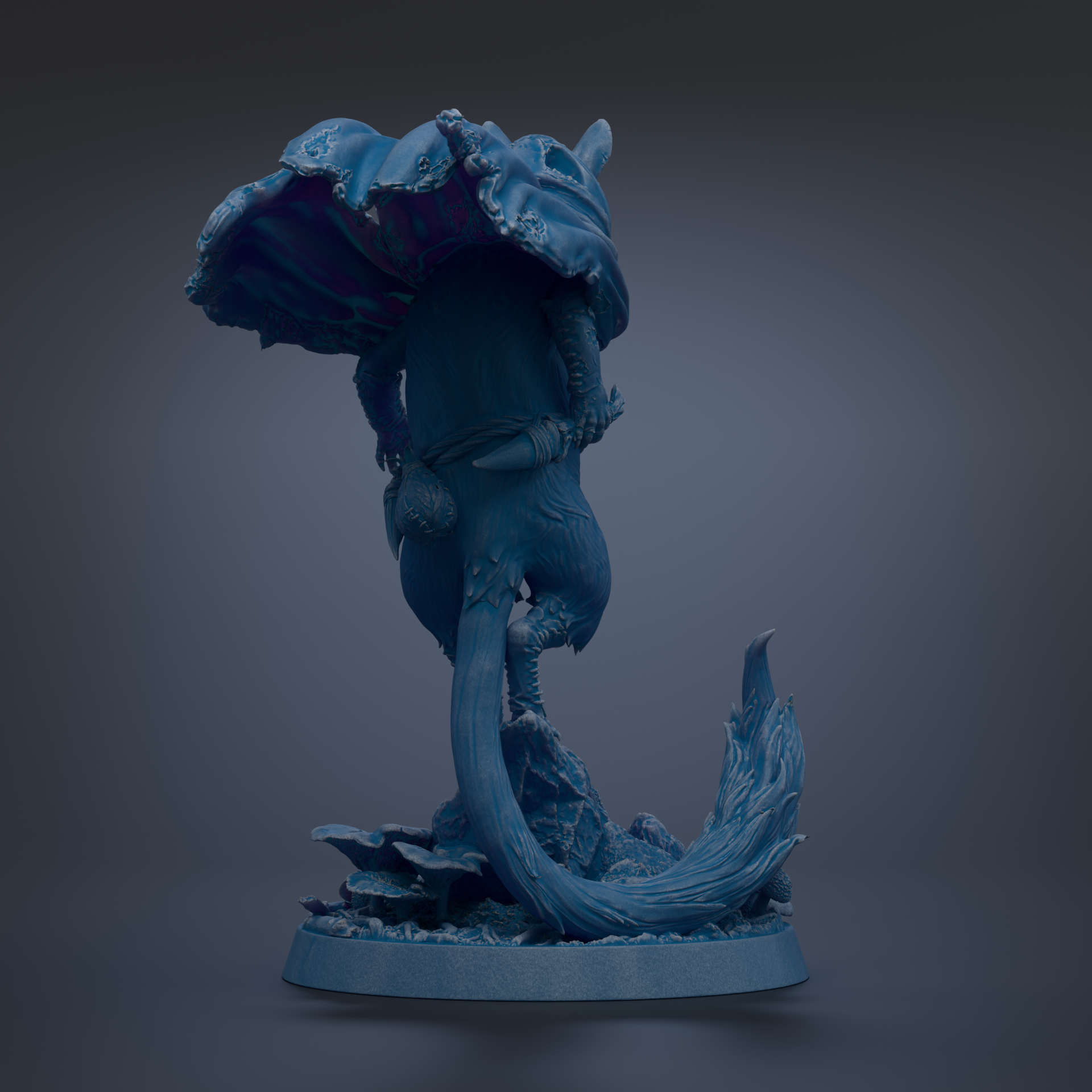 A blue, 3D-rendered statue of a fantastical creature with a large, open shell-like structure on its back, standing on a rock formation.