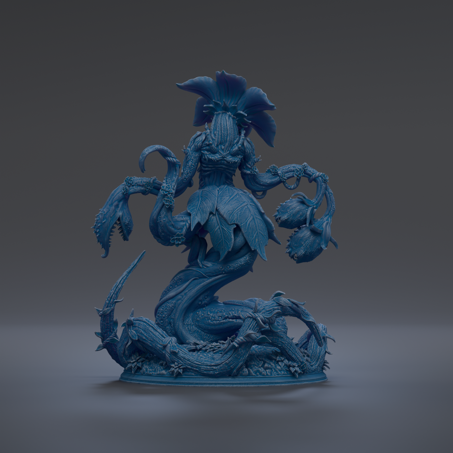 A detailed 3D rendering of a fantastical creature with intricate, organic forms and a blue-green color scheme.