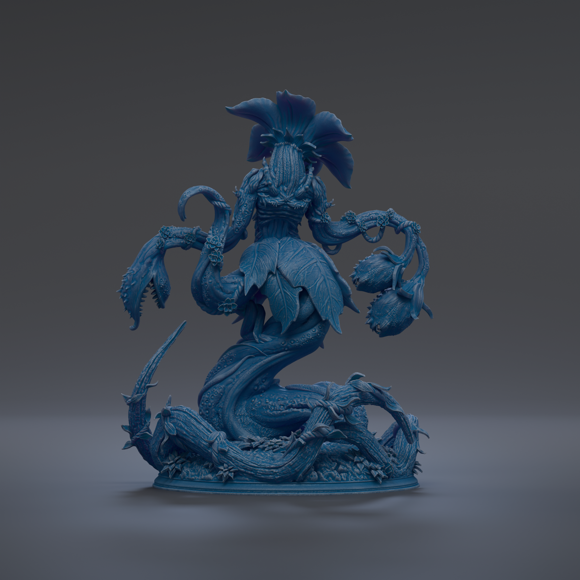 A detailed 3D rendering of a fantastical creature with intricate, organic forms and a blue-green color scheme.