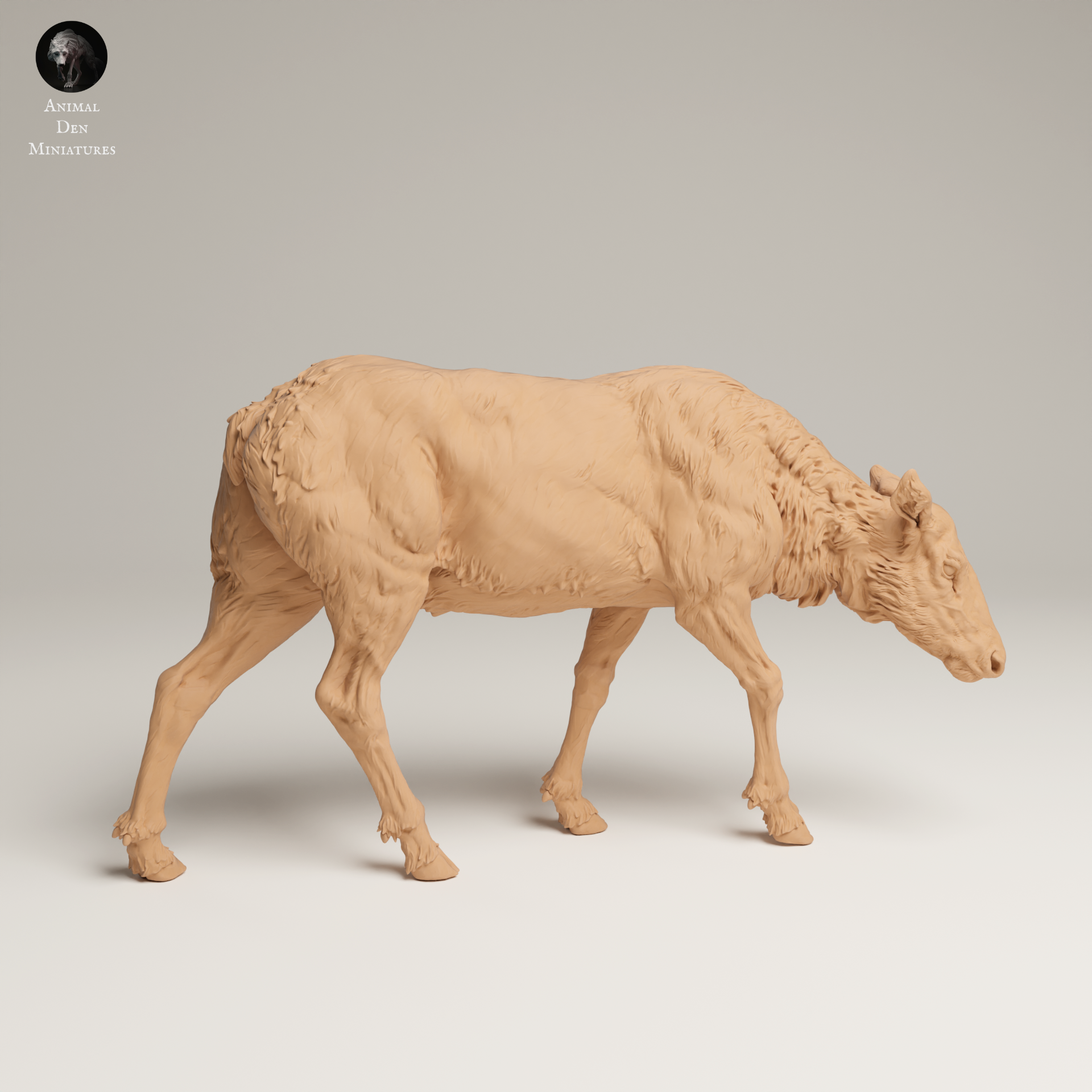 a wooden model of an animal walking on a white surface