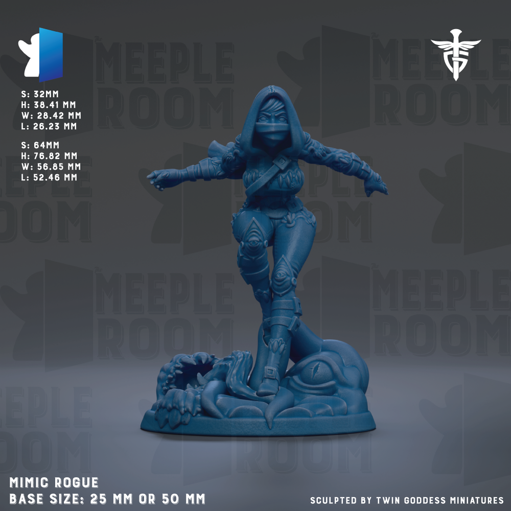 The image is a detailed model of a character, likely a female, in a crouching or crouching position. The character is wearing a hooded cloak and has a sword in her hand. The image is described as a "MIMIC ROGUE" and is shown in a base size of 25mm or 50mm. The image is sculpted by "TWIN GODESS MINITURES".