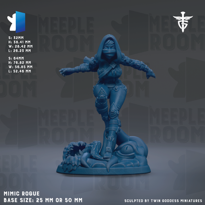 The image is a detailed model of a character, likely a female, in a crouching or crouching position. The character is wearing a hooded cloak and has a sword in her hand. The image is described as a "MIMIC ROGUE" and is shown in a base size of 25mm or 50mm. The image is sculpted by "TWIN GODESS MINITURES".