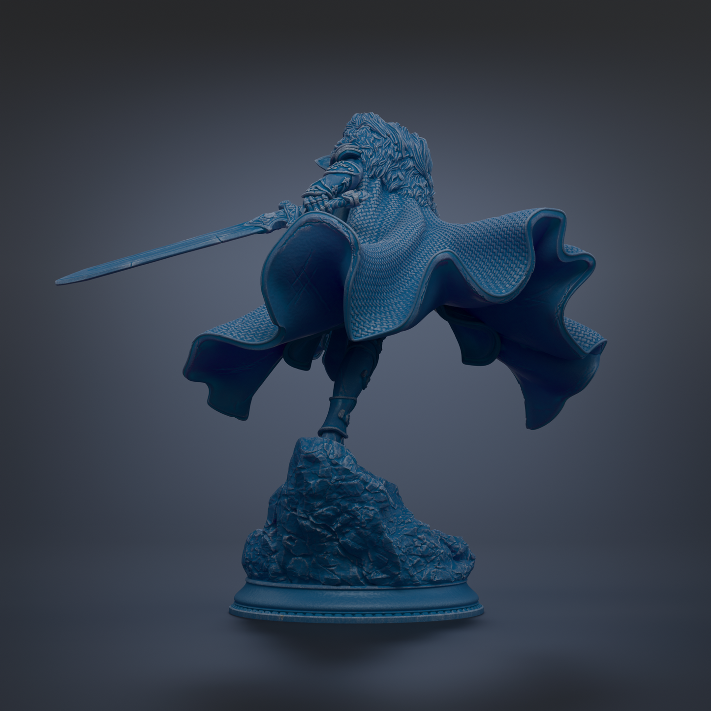 A blue statue of a person holding a sword and standing on a rock.
