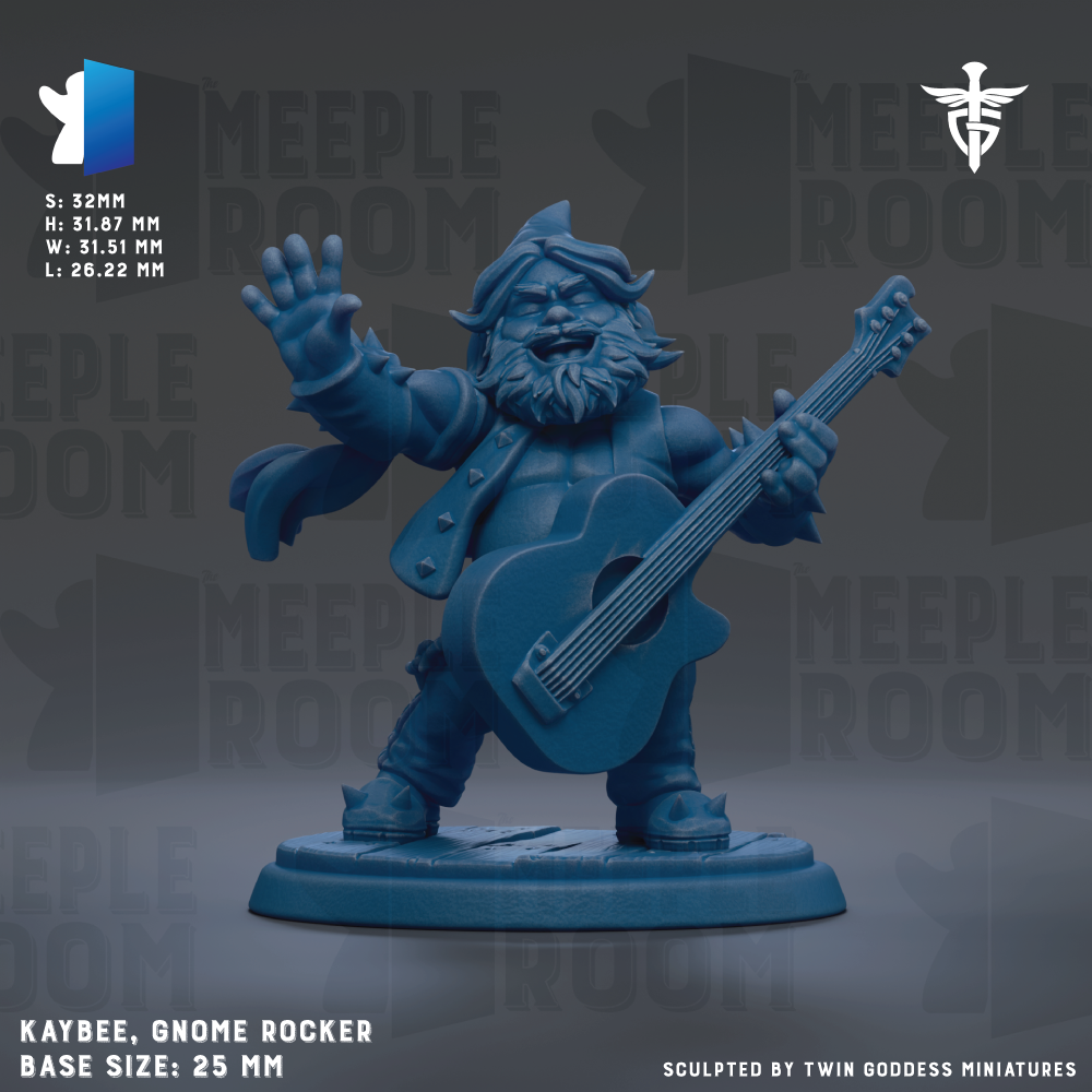 A figurine of a gnome-like character playing a guitar, with the text "MEEPLE ROOM" and "MEEPLE ROOM" repeated in the background.