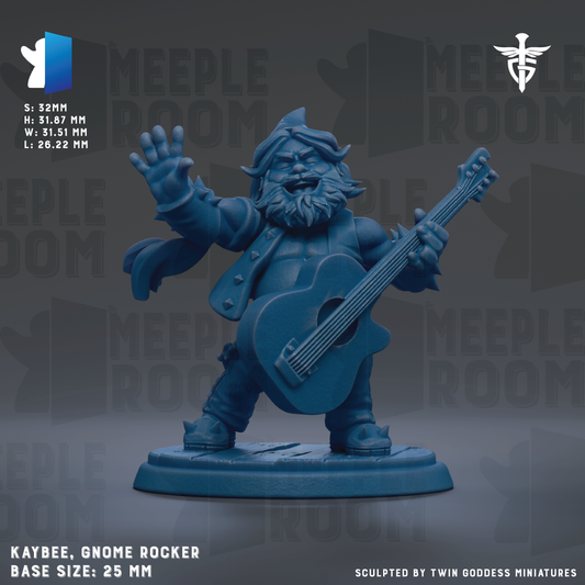 A figurine of a gnome-like character playing a guitar, with the text "MEEPLE ROOM" and "MEEPLE ROOM" repeated in the background.