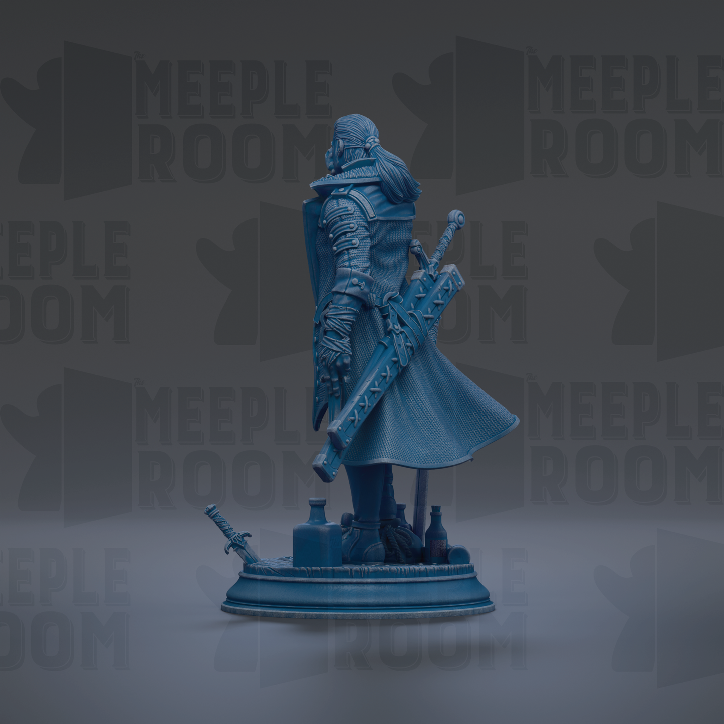 A blue statue of a warrior figure holding a sword and shield, standing on a pedestal.