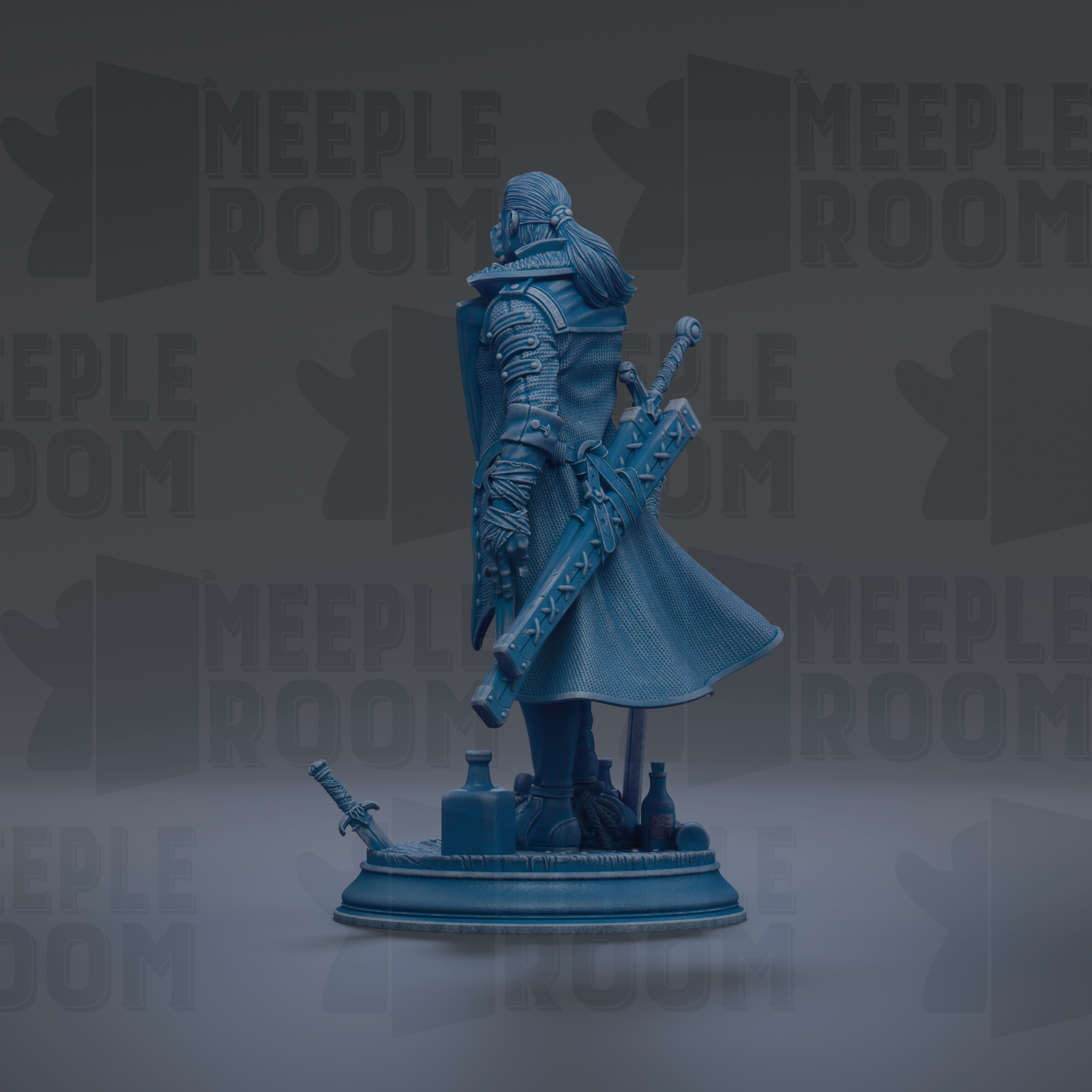 A blue statue of a warrior figure holding a sword and shield, standing on a pedestal.