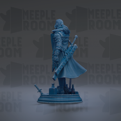 A blue statue of a warrior figure holding a sword and shield, standing on a pedestal.