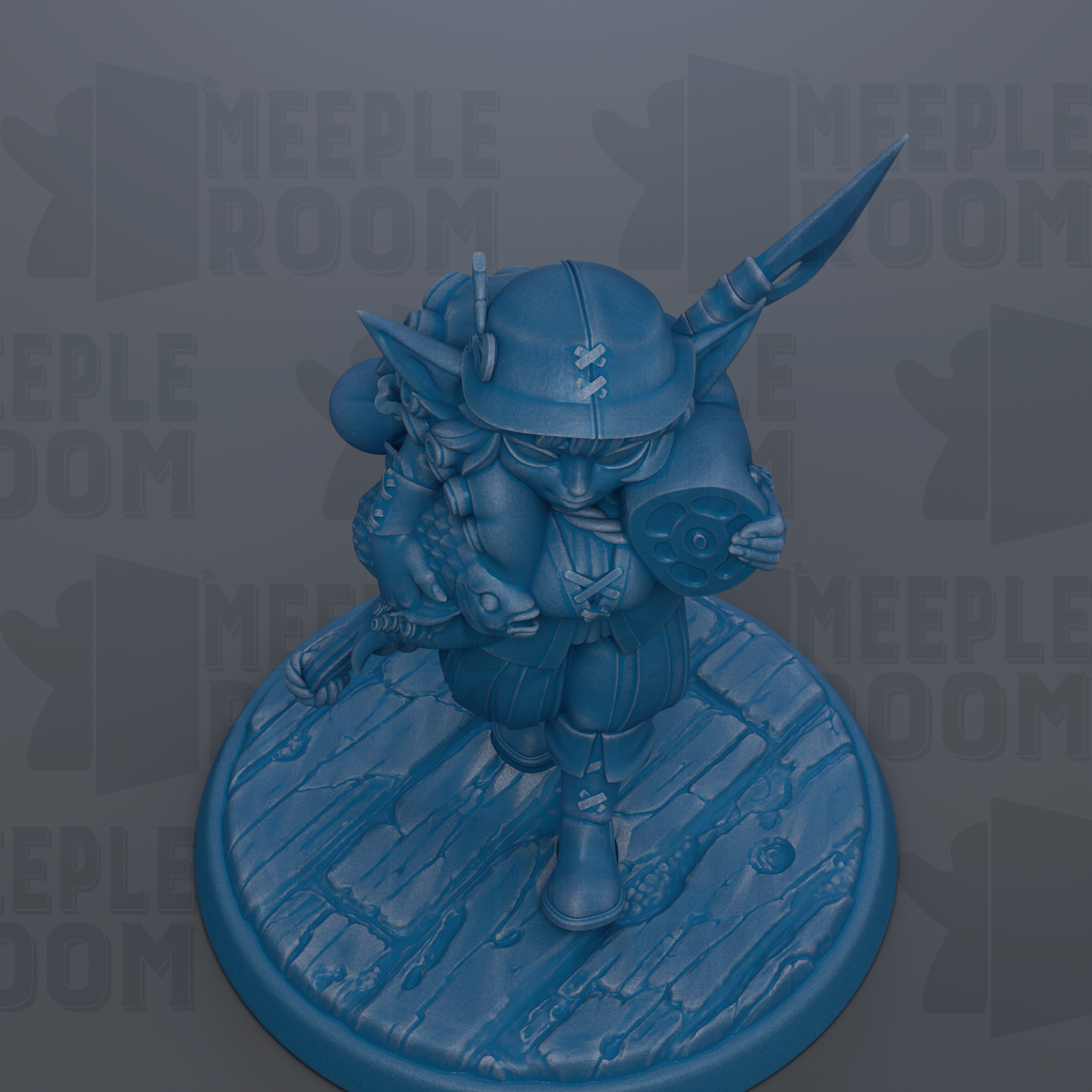 A blue figurine of a character with a pointed hat and a sword, standing on a circular base.